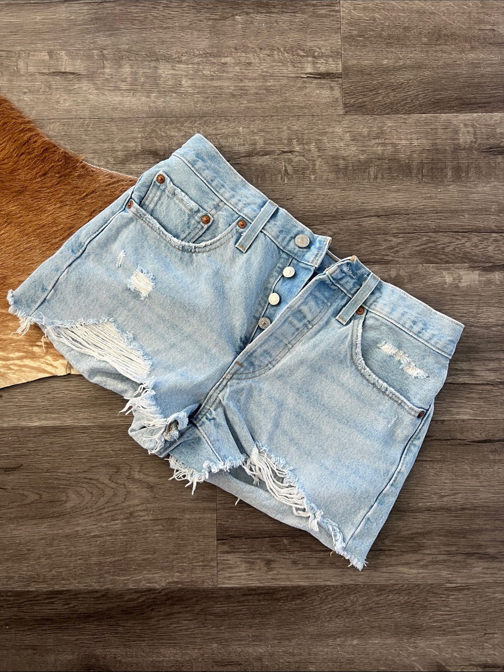 Levi's Light Blue Distressed High-Rise Denim Shorts